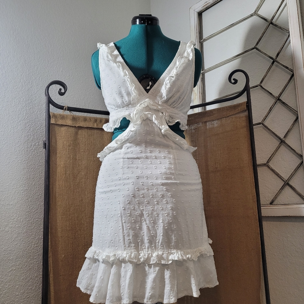 Altar'd State White Eyelet Ruffle Midi Dress with Cutout & Tie Back Detail Sz M